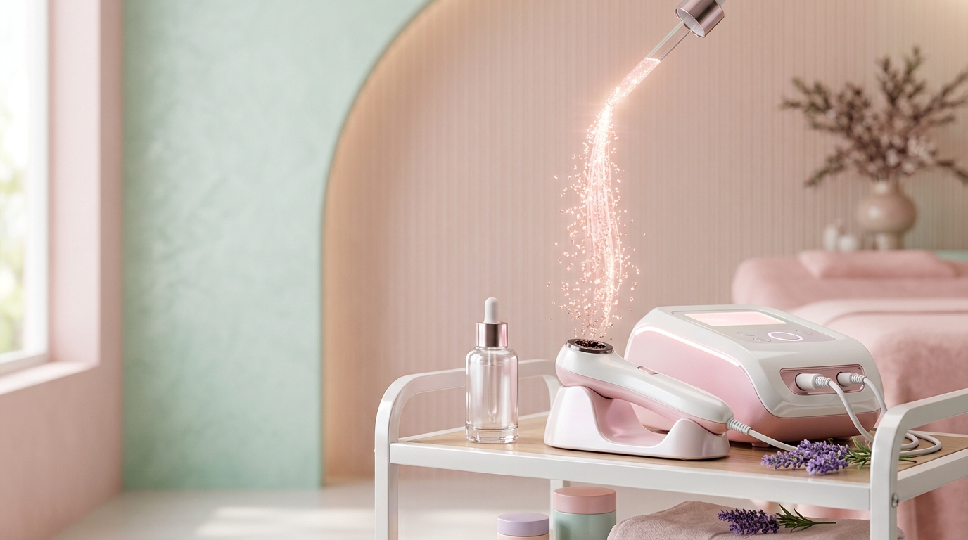 Máy chăm sóc da và serum hoạt chất trong phòng spa
